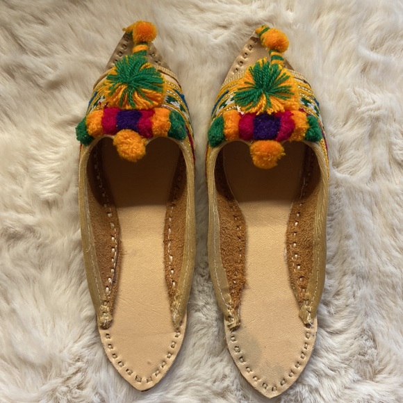 Handmade Other - Pom Pom Embroidered Leather Indian Sandals